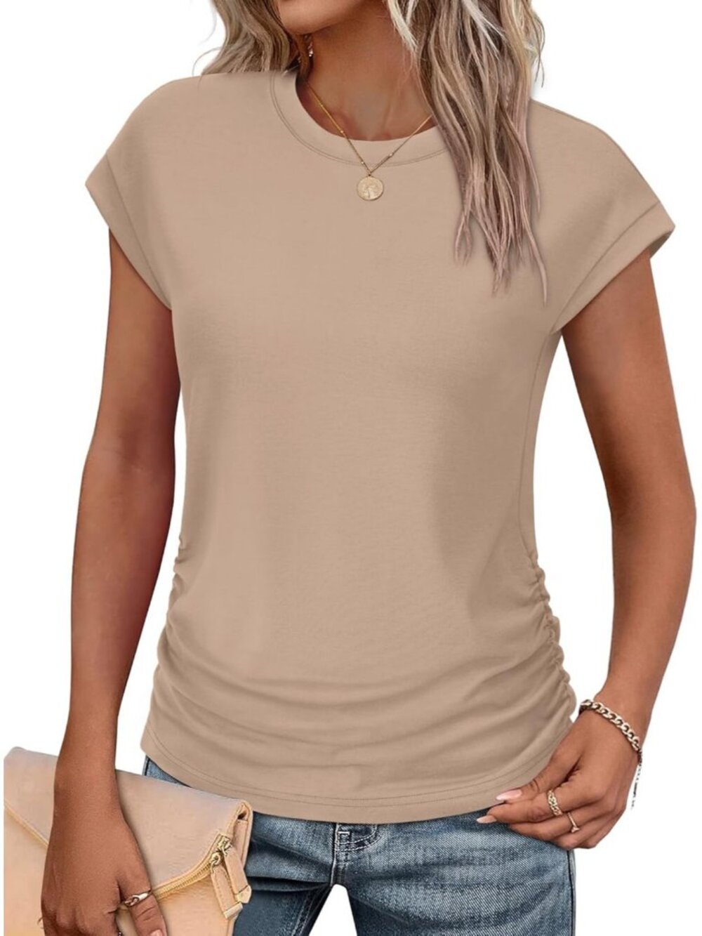 Women's Khaki Polyester Blend Short Sleeve Crew Neck Pull On Henley Shirts